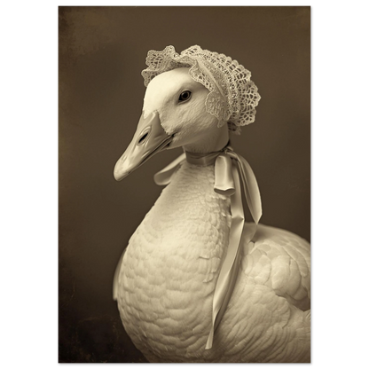 Gåsporträtt i klassisk stil med spetsdetaljer och mjuk sepia-ton