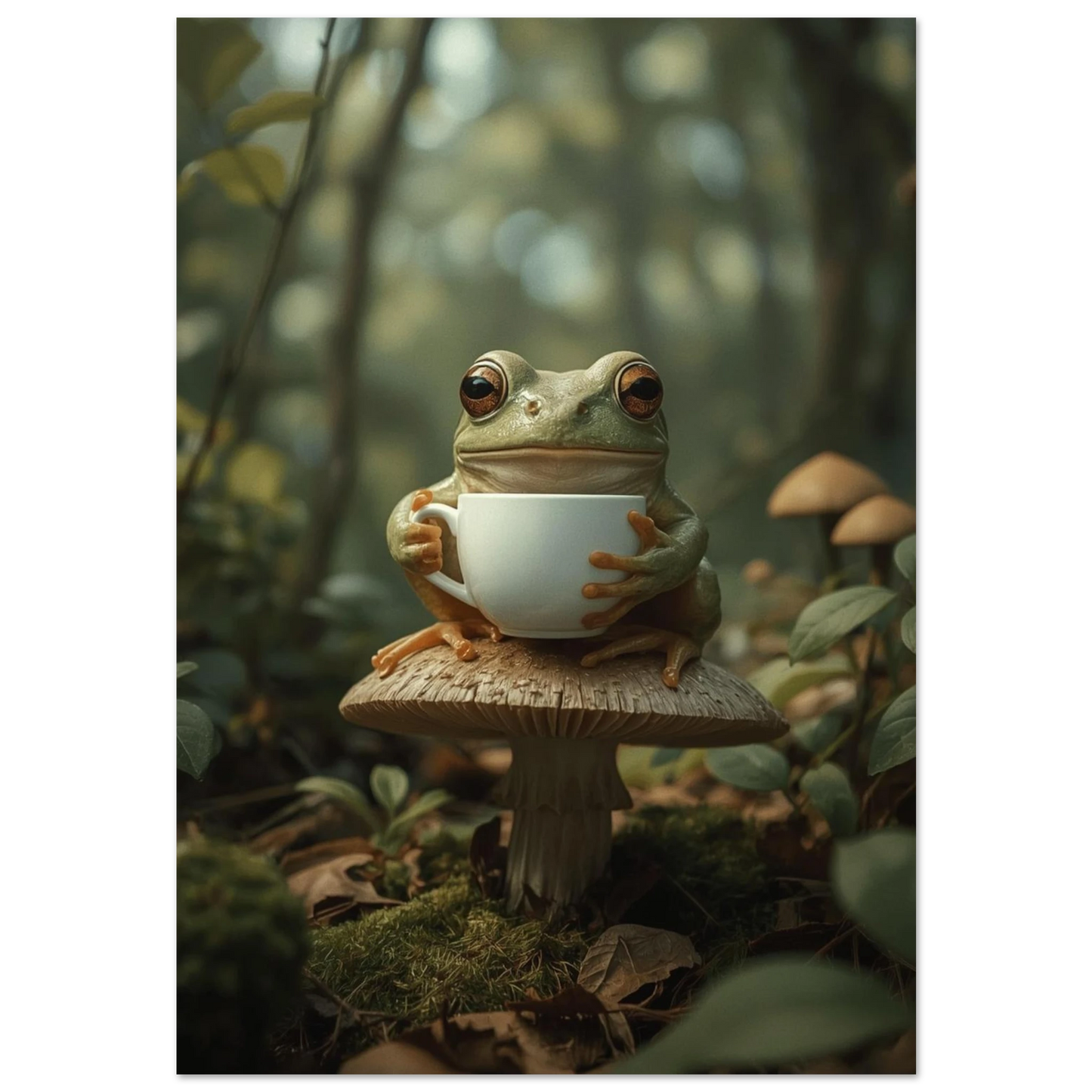Grön groda med vit kaffekopp på en brun skogssvamp – digital fotokonst