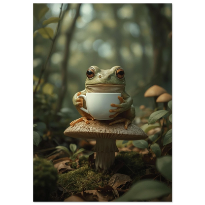 Grön groda med vit kaffekopp på en brun skogssvamp – digital fotokonst