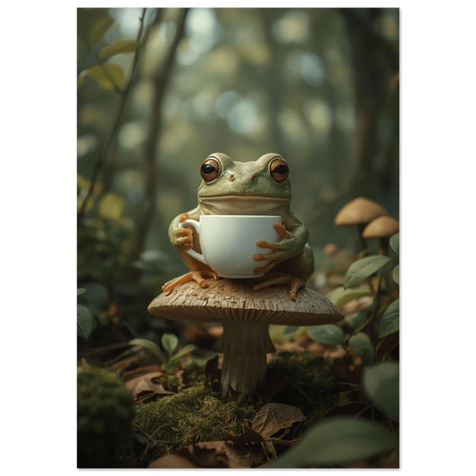 Grön groda med vit kaffekopp på en brun skogssvamp – digital fotokonst