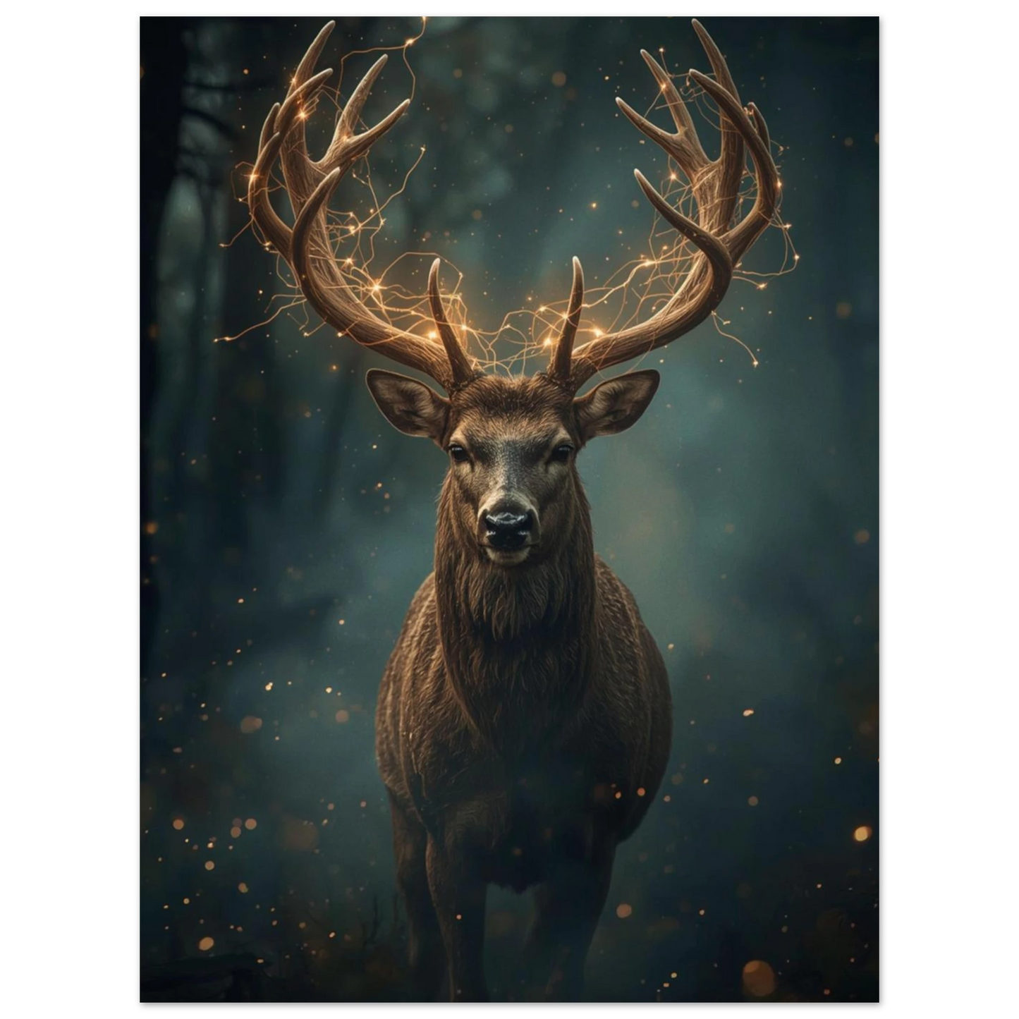 Förtrollad hjort i dimmig skogsmiljö med gnistrande partiklar – fantasy poster