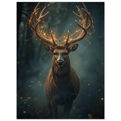 Förtrollad hjort i dimmig skogsmiljö med gnistrande partiklar – fantasy poster