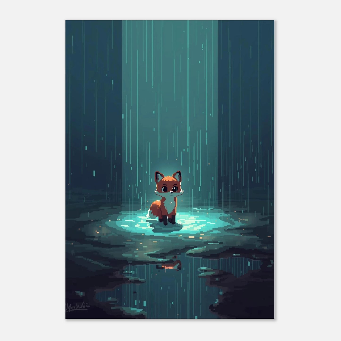 Konstnärligt djurmotiv av en räv i pixelgrafik med mörk bakgrund