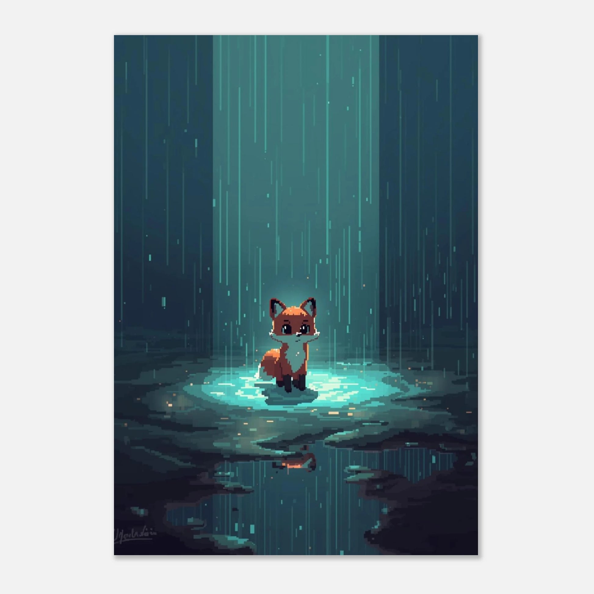 Konstnärligt djurmotiv av en räv i pixelgrafik med mörk bakgrund