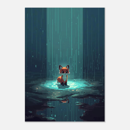 Konstnärligt djurmotiv av en räv i pixelgrafik med mörk bakgrund