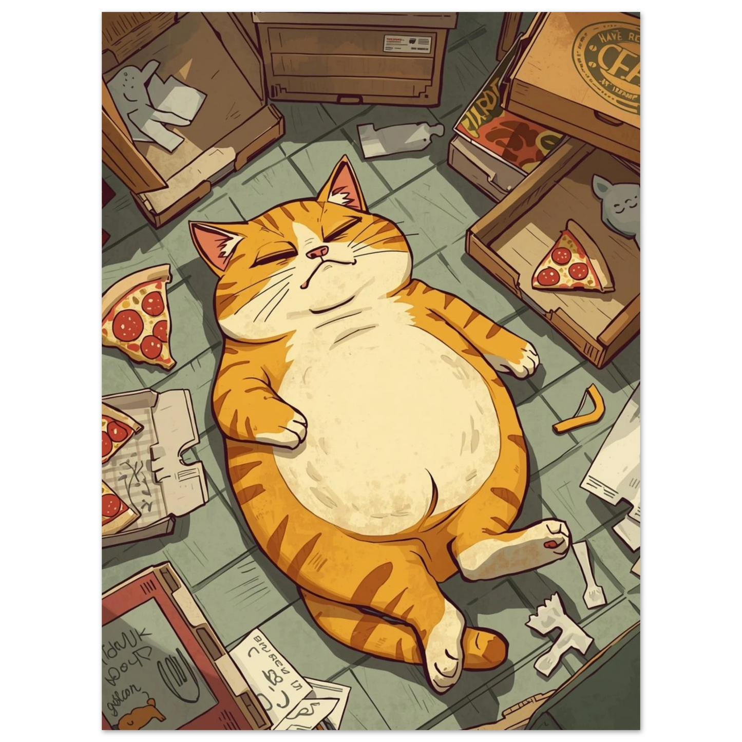 Närbild på sovande orange katt med pizzabitar i bakgrunden – djurmotiv