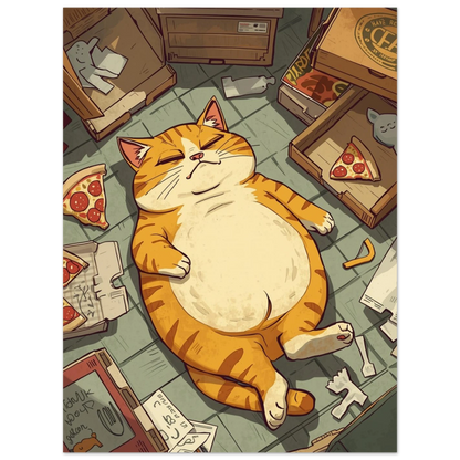 Närbild på sovande orange katt med pizzabitar i bakgrunden – djurmotiv