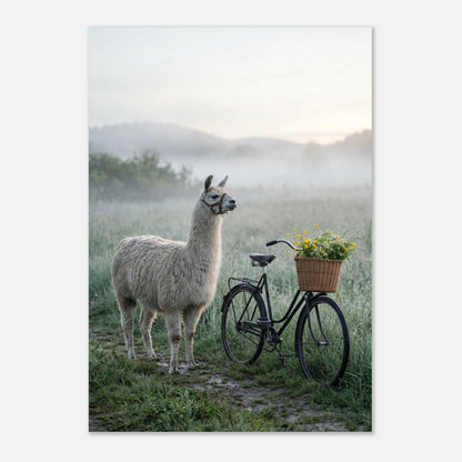 Elegant lama i dimmigt landskap bredvid vintagecykel med blommor.