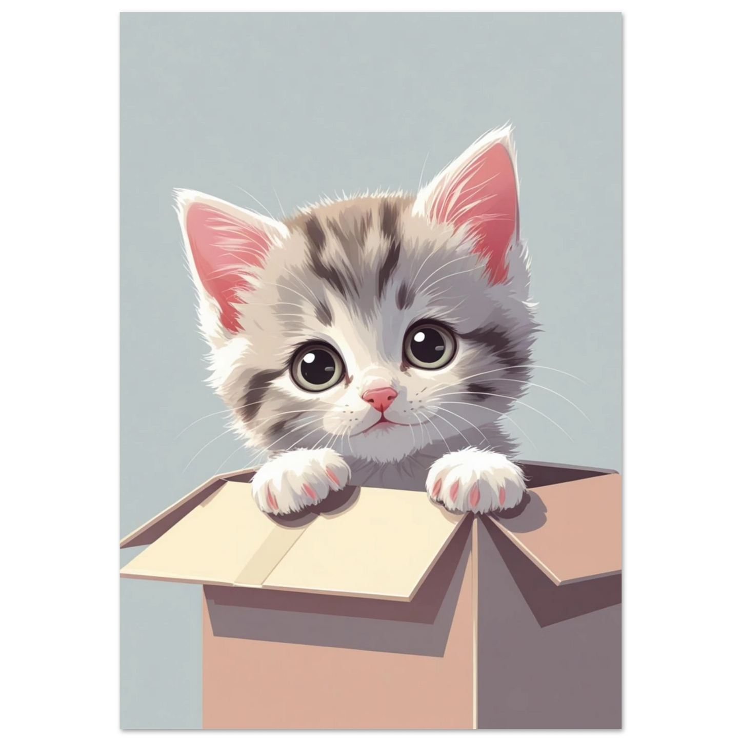 Grårandig kattunge med stora ögon i en pappkartong, digital illustration