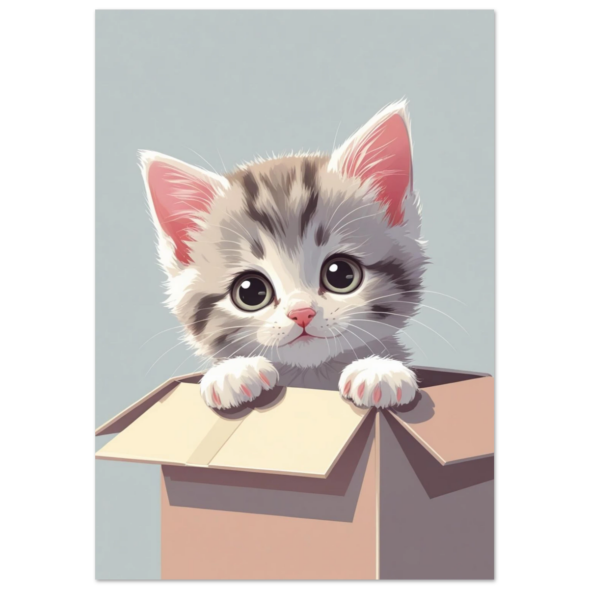 Grårandig kattunge med stora ögon i en pappkartong, digital illustration