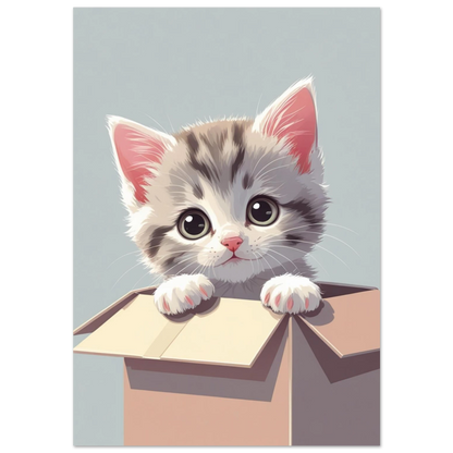 Grårandig kattunge med stora ögon i en pappkartong, digital illustration