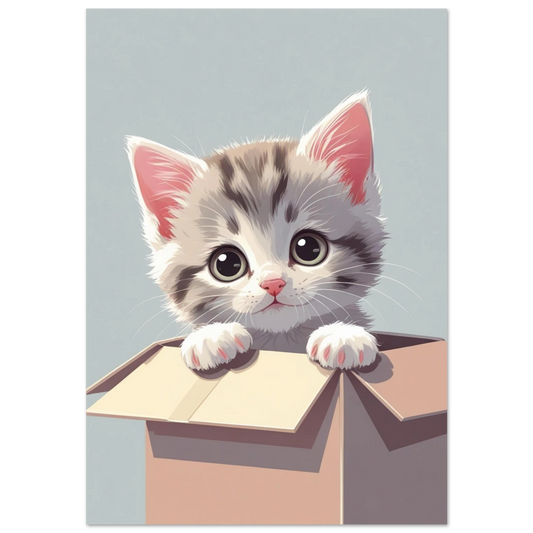 Grårandig kattunge med stora ögon i en pappkartong, digital illustration