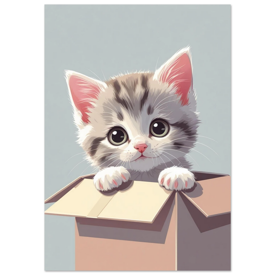 Grårandig kattunge med stora ögon i en pappkartong, digital illustration