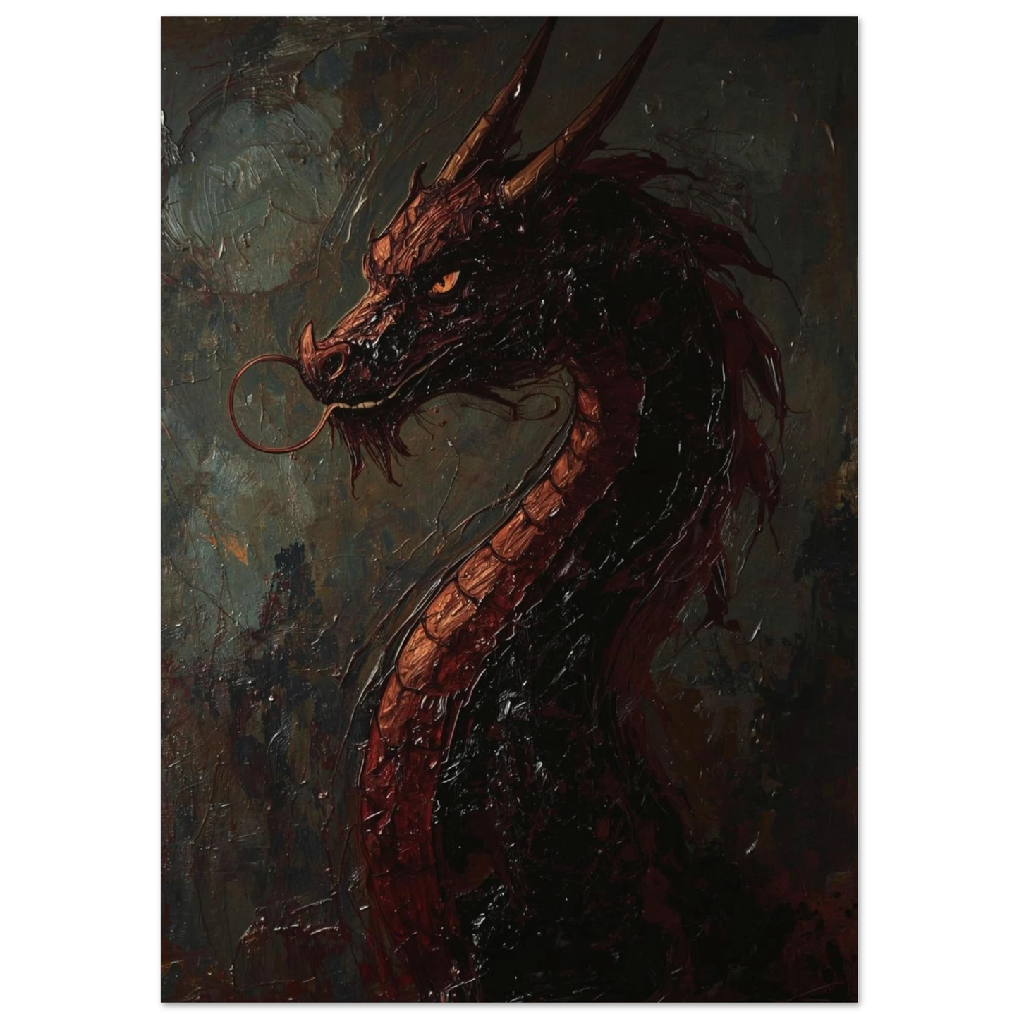 Fantasy-poster föreställande en eldsprutande drake i profil med horn