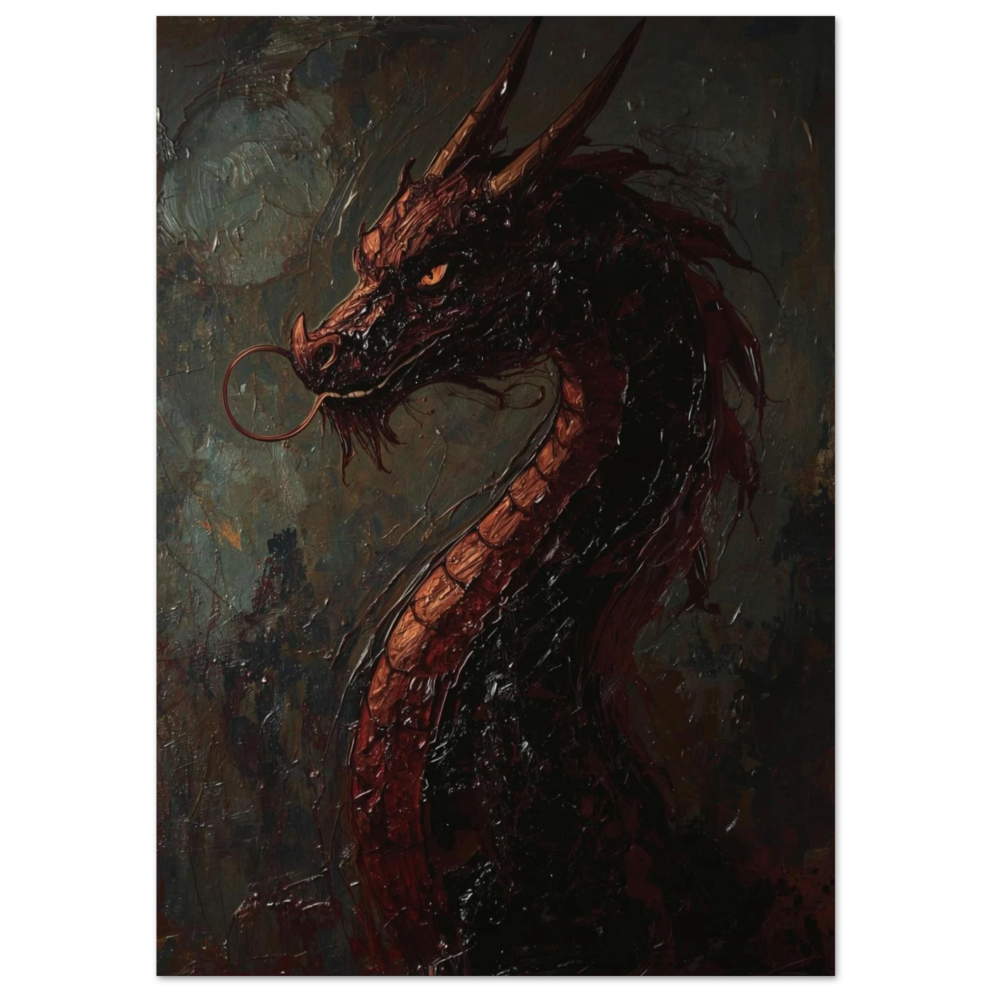 Fantasy-poster föreställande en eldsprutande drake i profil med horn