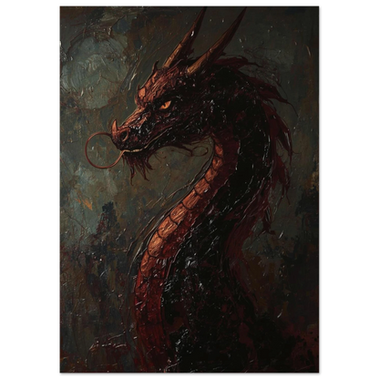 Fantasy-poster föreställande en eldsprutande drake i profil med horn