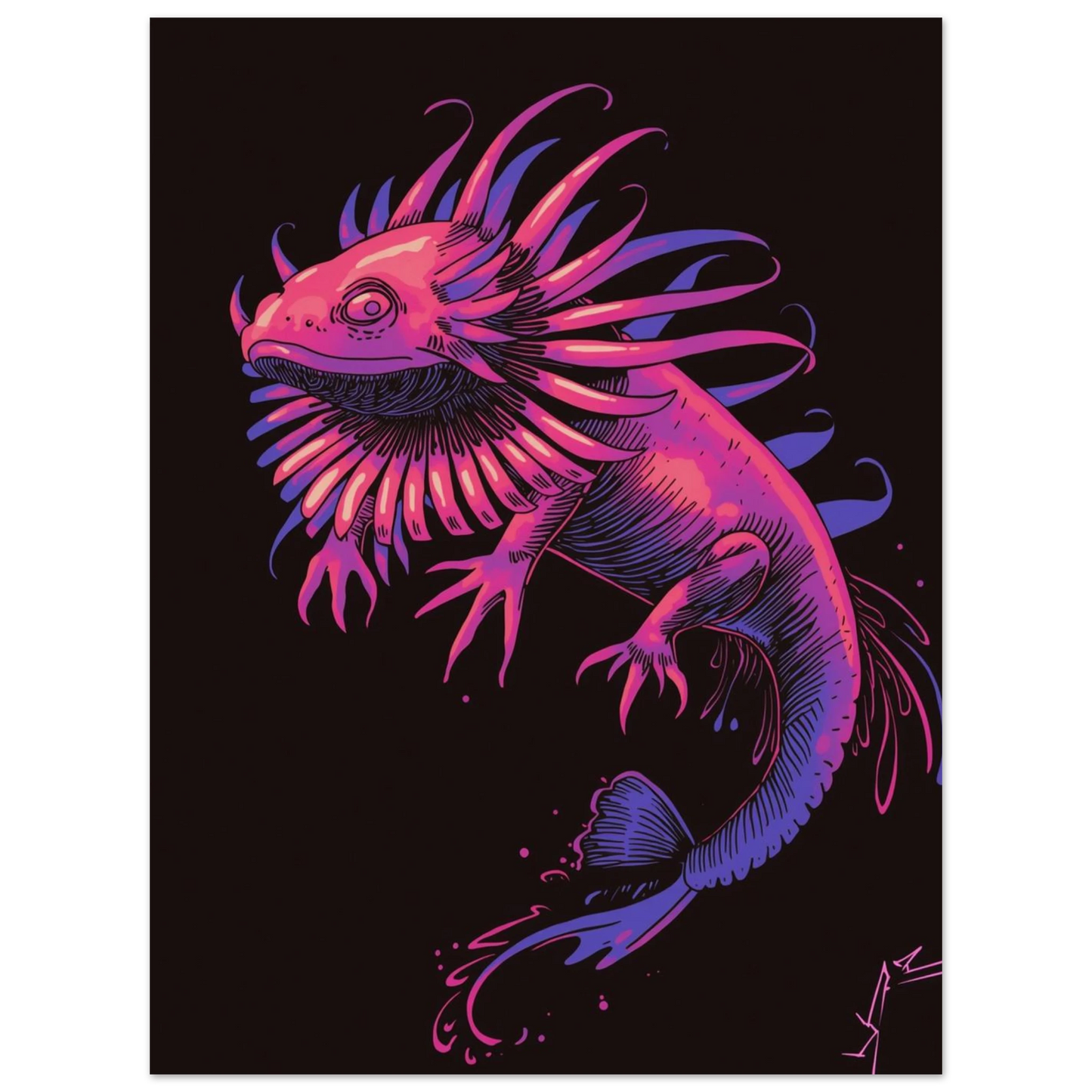 Konstnärligt print med en fantasifull axolotl i rosa och violett