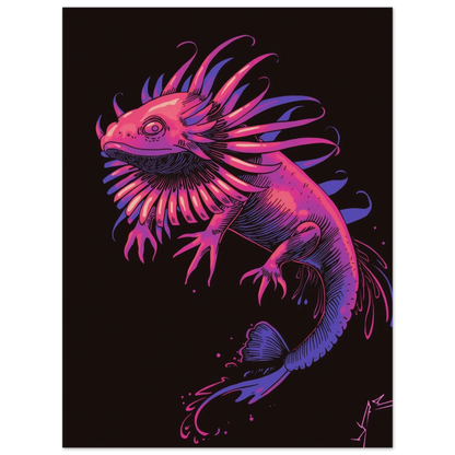 Konstnärligt print med en fantasifull axolotl i rosa och violett