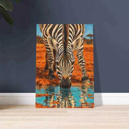 Zebra vid vattenhål speglad i turkost vatten i konstnärlig stil
