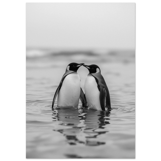 Två pingviner som står i vattnet och rör vid näbbarna – fotorealistisk poster