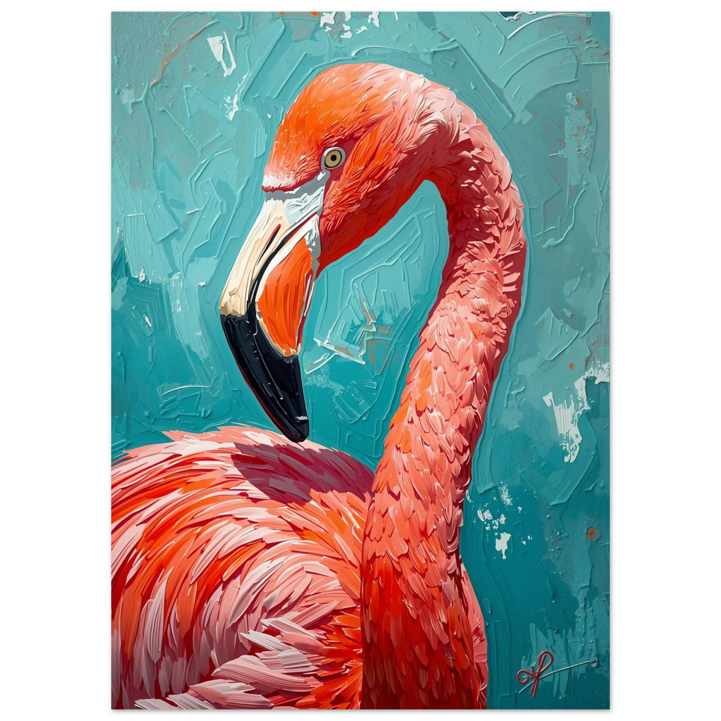 Konstnärligt flamingoporträtt med kraftig impastoteknik i orangea och rosa toner