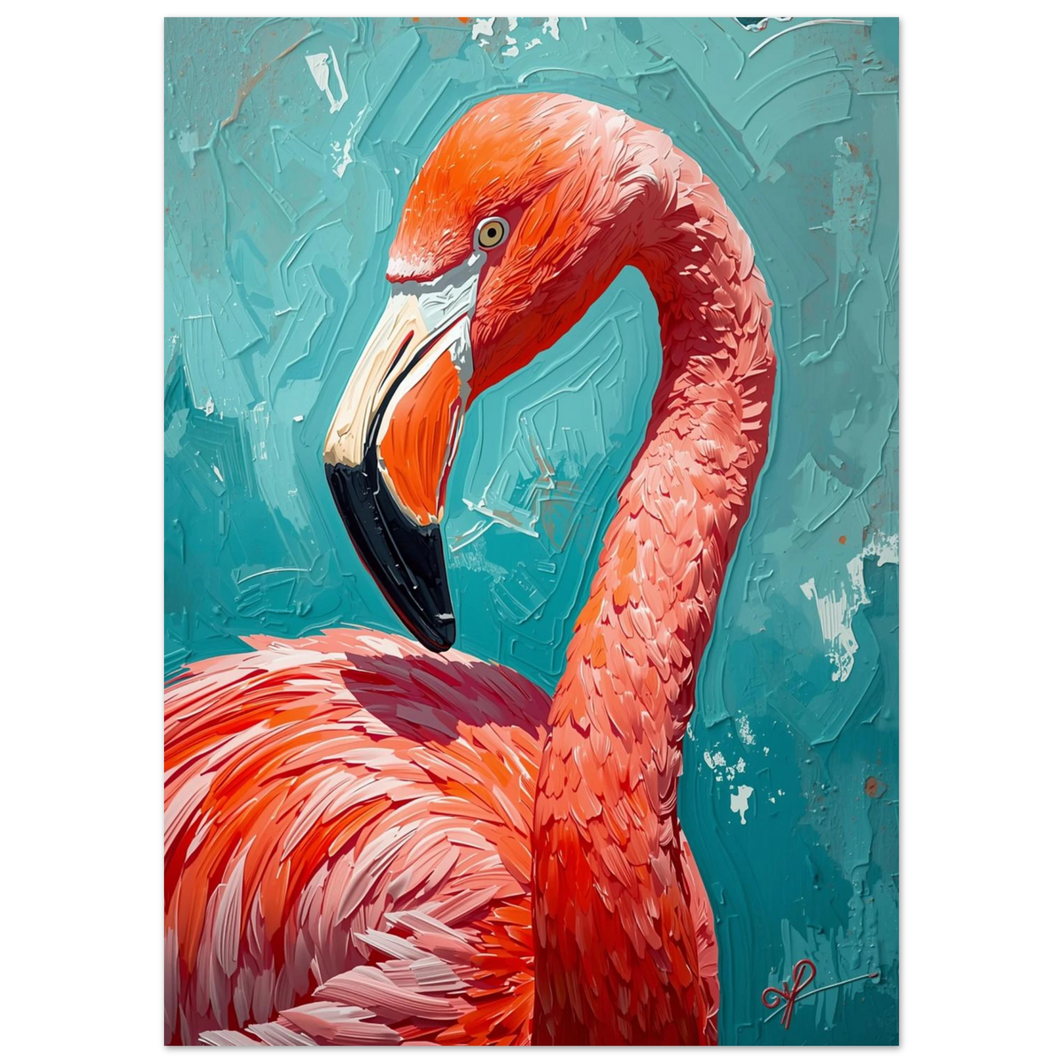 Konstnärligt flamingoporträtt med kraftig impastoteknik i orangea och rosa toner