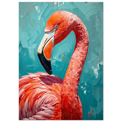 Konstnärligt flamingoporträtt med kraftig impastoteknik i orangea och rosa toner