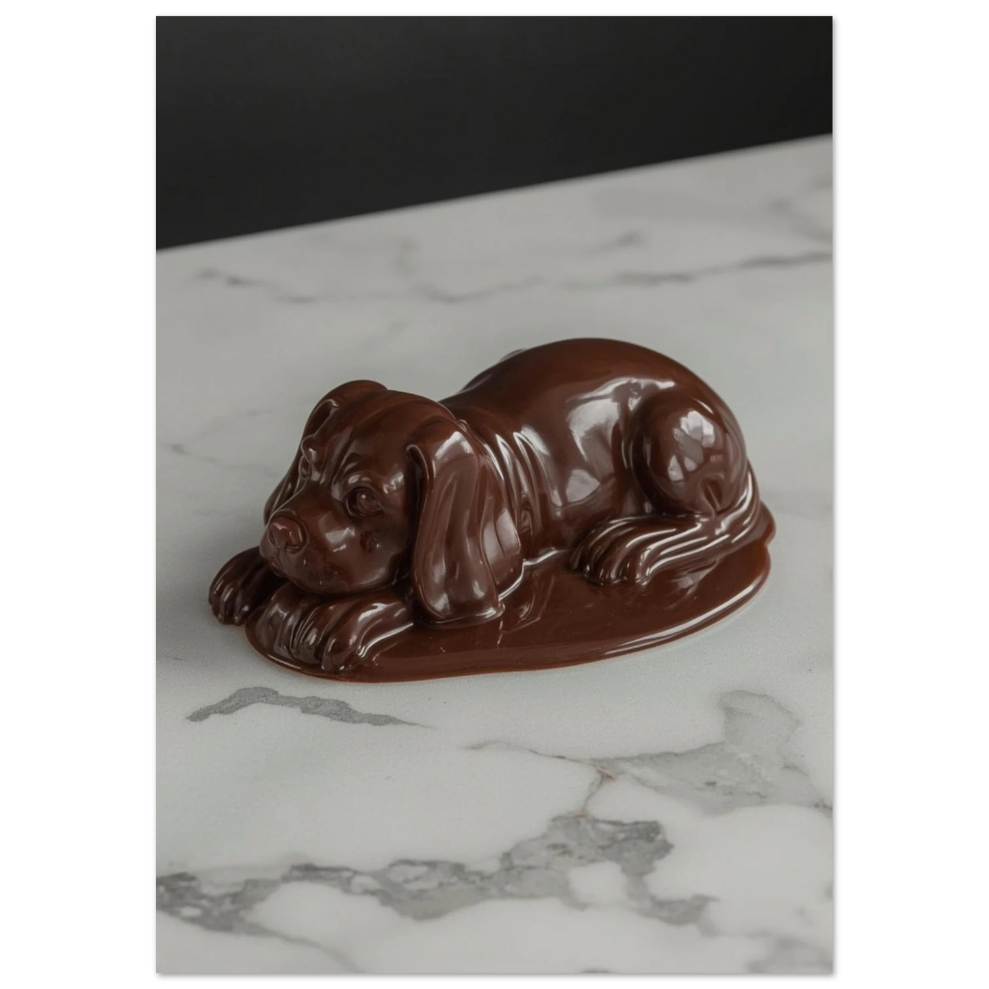 Konstnärligt motiv av en hund skulpterad i mörk choklad, surrealistiskt print