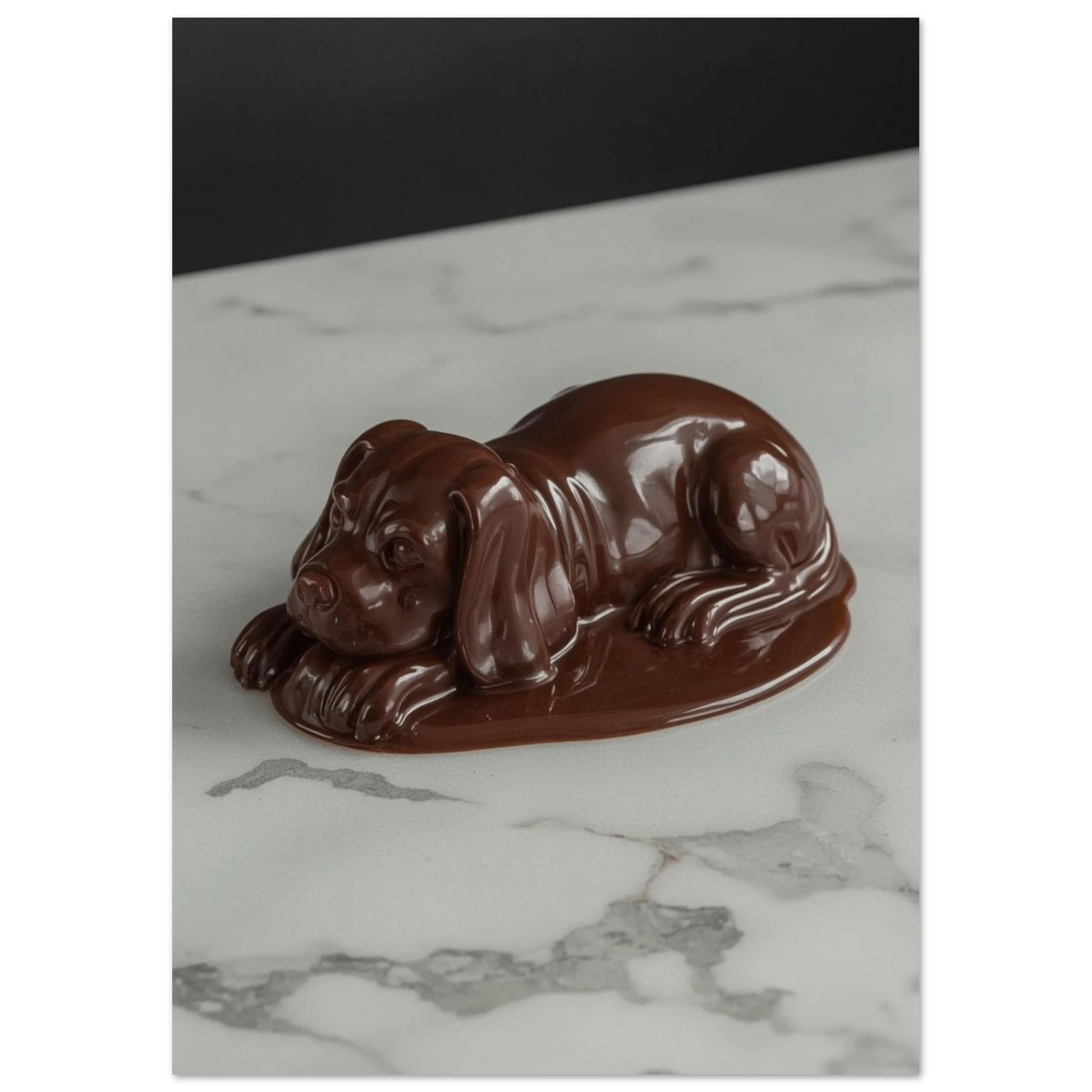 Konstnärligt motiv av en hund skulpterad i mörk choklad, surrealistiskt print