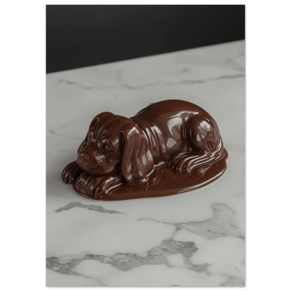 Konstnärligt motiv av en hund skulpterad i mörk choklad, surrealistiskt print