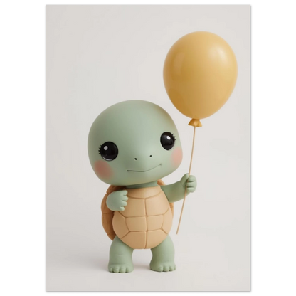 3D-illustration av en liten sköldpadda med stora ögon och ballong