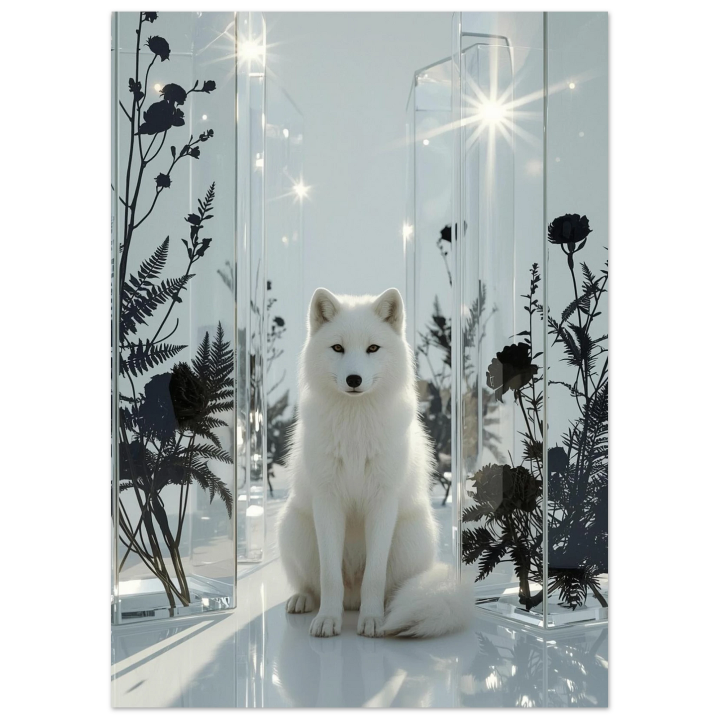 Digital illustration av en sittande vit räv i futuristisk glaskonstmiljö