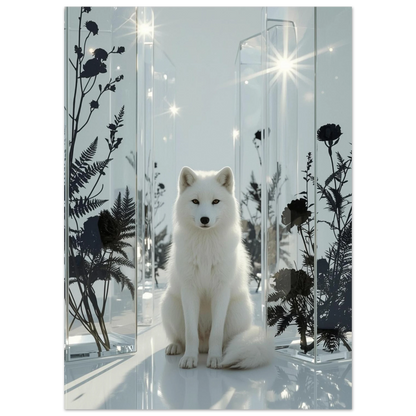 Digital illustration av en sittande vit räv i futuristisk glaskonstmiljö