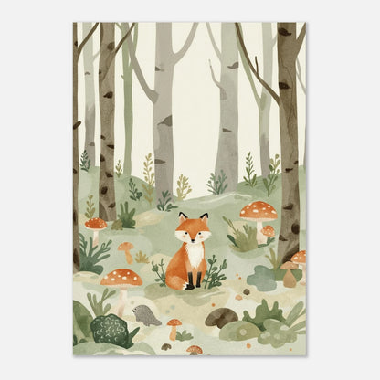 Charmig rävillustration i en nordisk skogsmiljö, poster med mjuka jordnära färger