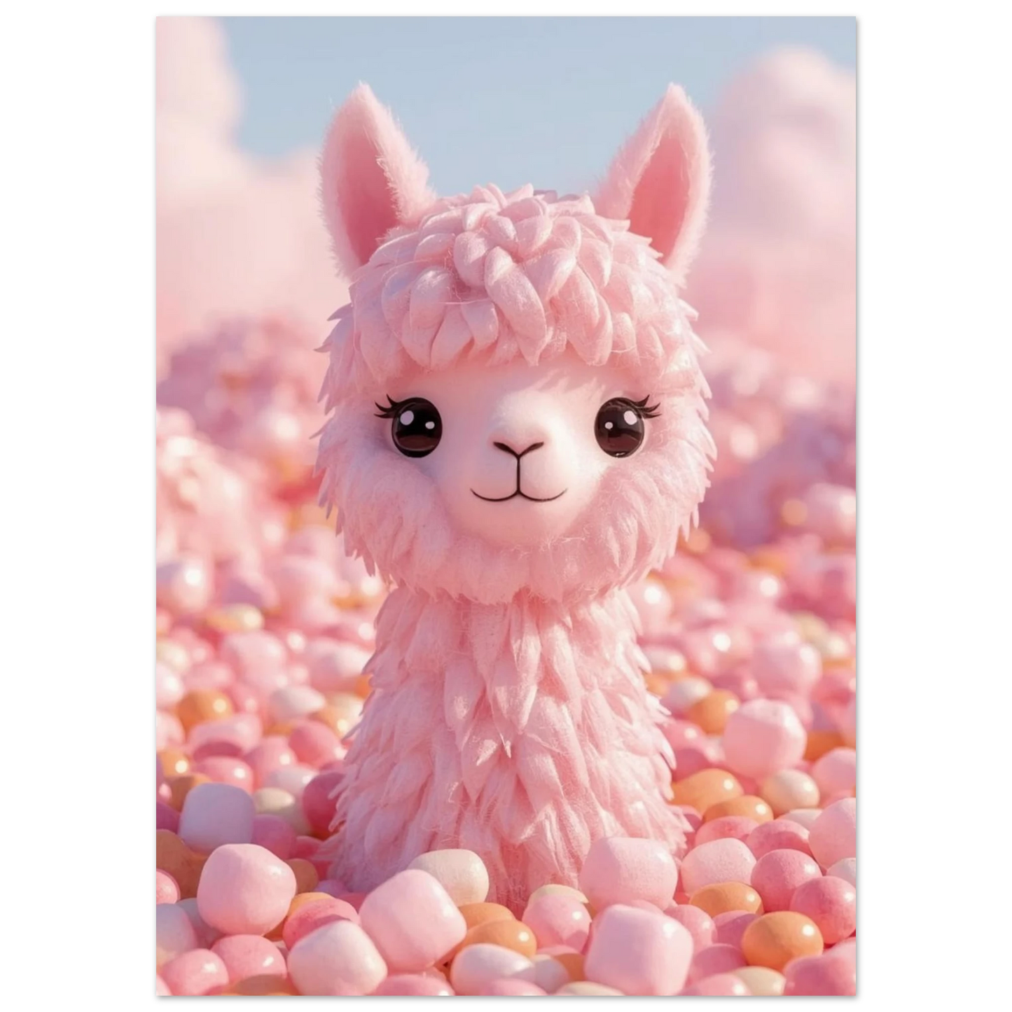 Närbild på fluffig rosa alpacka med stora ögon i godislandskap