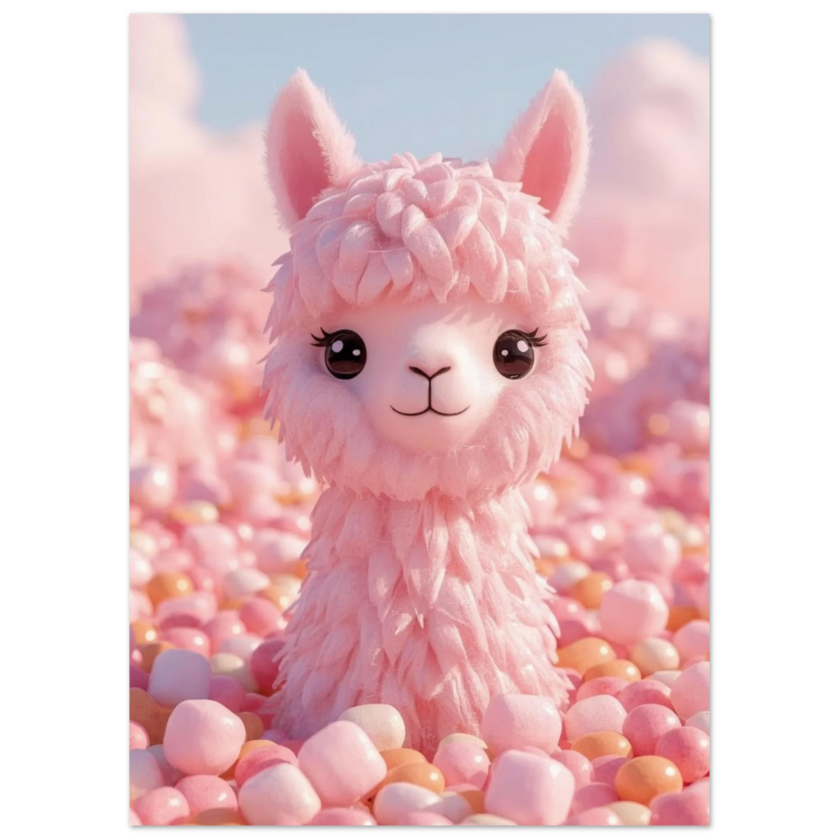 Närbild på fluffig rosa alpacka med stora ögon i godislandskap