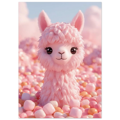 Närbild på fluffig rosa alpacka med stora ögon i godislandskap