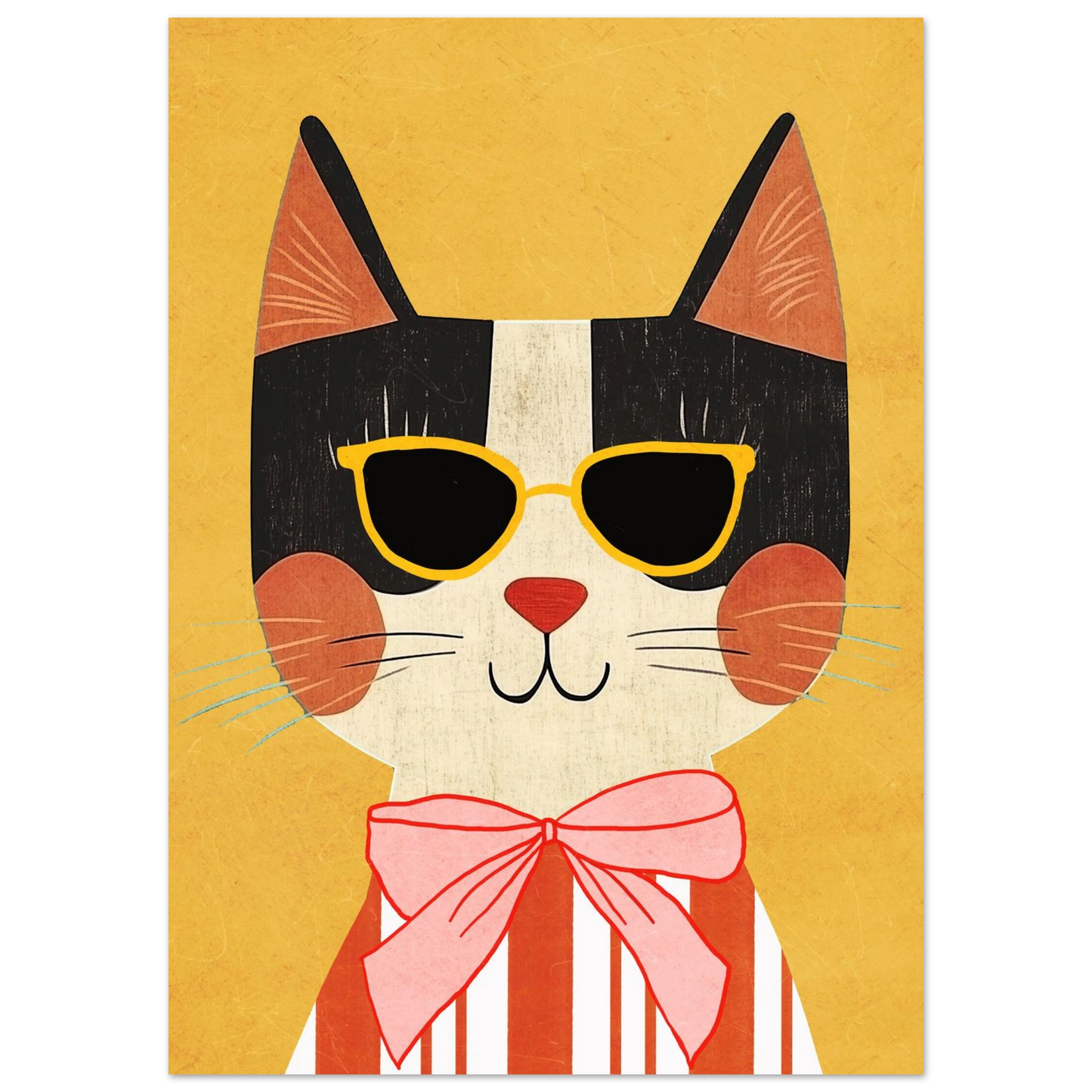 Närbild på retro djurposter föreställande katt i rosa rosett och glasögon