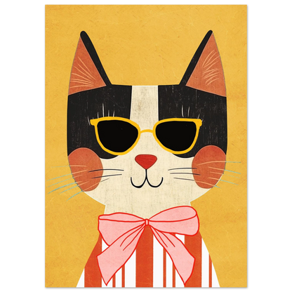 Närbild på retro djurposter föreställande katt i rosa rosett och glasögon