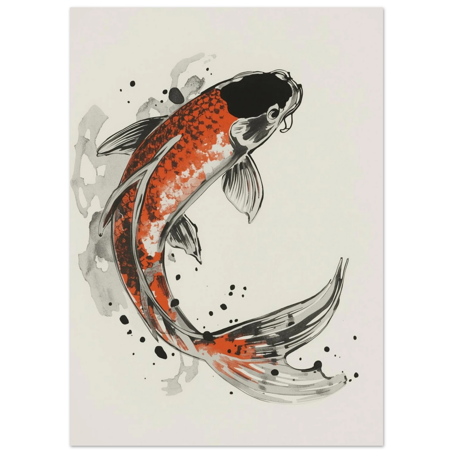 Konstnärlig poster med en koi-fisk i sumi-e stil med stänk