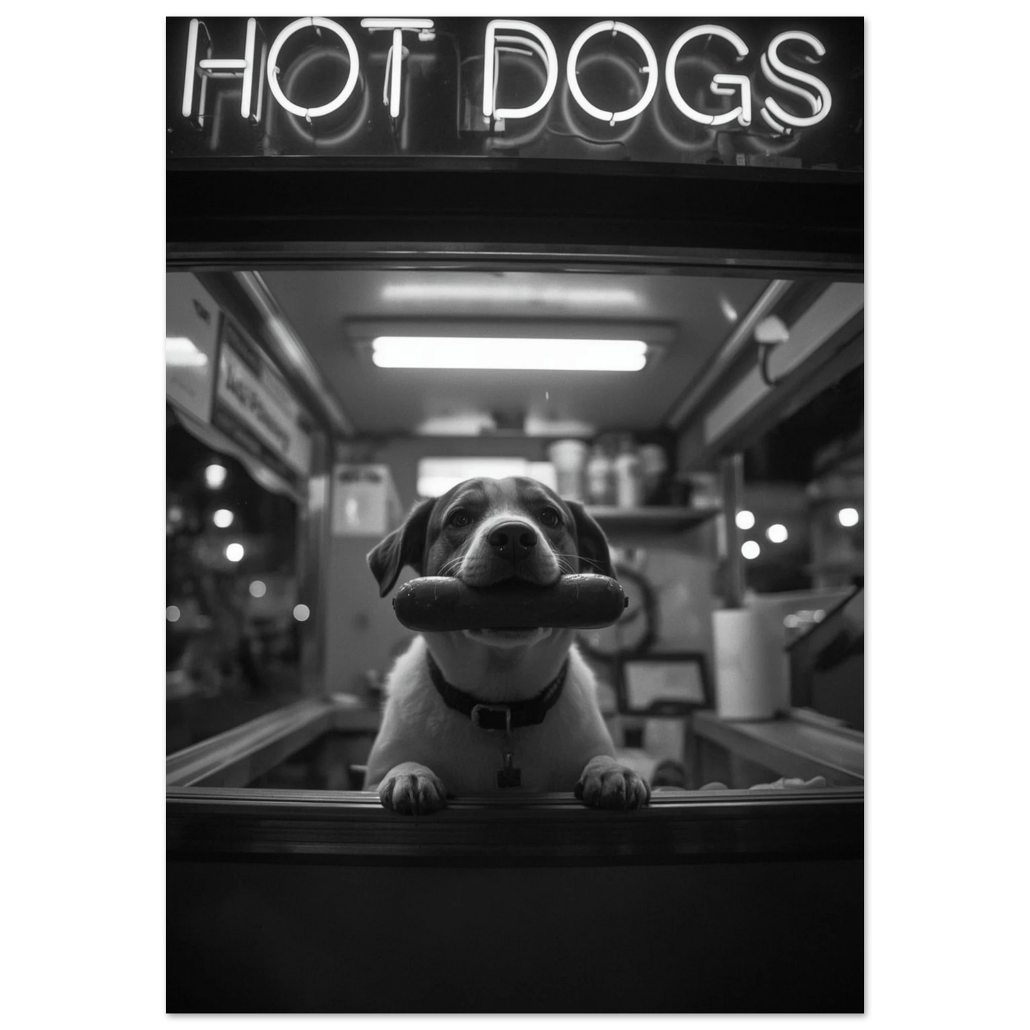 Svartvit poster med hund i korvkiosk och neonskylt – urban fotokonst