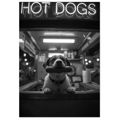 Svartvit poster med hund i korvkiosk och neonskylt – urban fotokonst