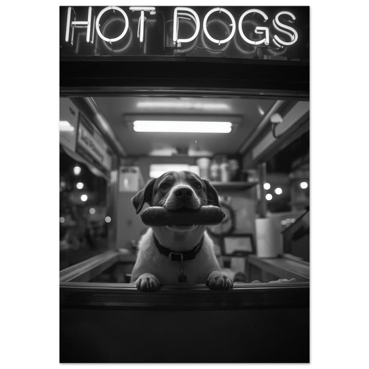Svartvit poster med hund i korvkiosk och neonskylt – urban fotokonst