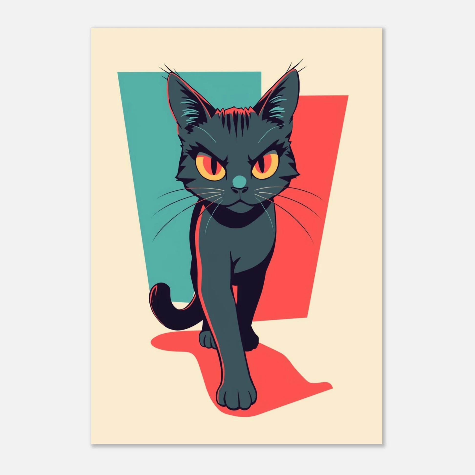 Konstnärligt kattmotiv med retrokänsla och geometriska bakgrundsdetaljer i rött
