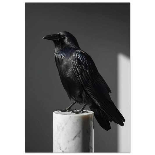 Svart korp på vit marmorpiedestal mot mörkgrå bakgrund, fotorealistisk djurposter