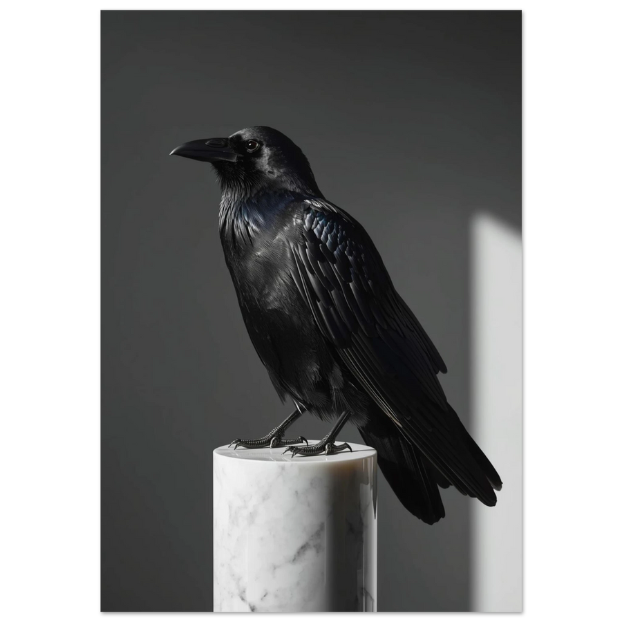 Svart korp på vit marmorpiedestal mot mörkgrå bakgrund, fotorealistisk djurposter