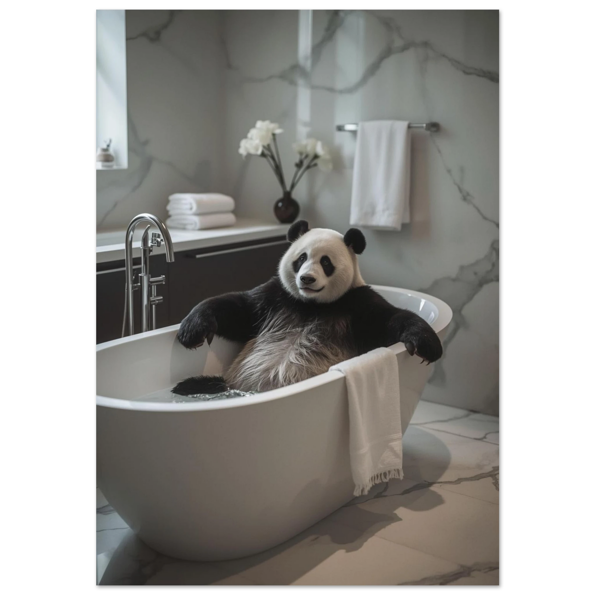 Panda som badar i ett vitt fristående badkar, marmorvägg i bakgrunden
