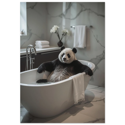 Panda som badar i ett vitt fristående badkar, marmorvägg i bakgrunden