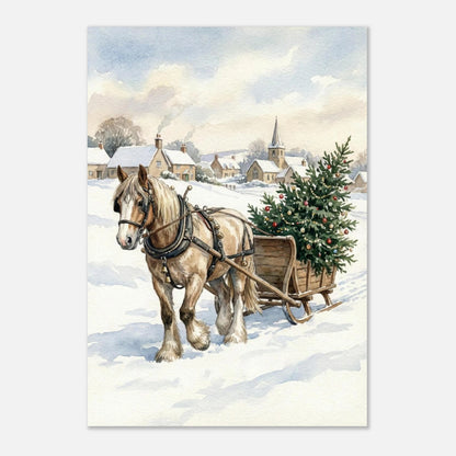 Lantlig vinteridyll med hästskjuts och julgran i mjuk akvarellstil