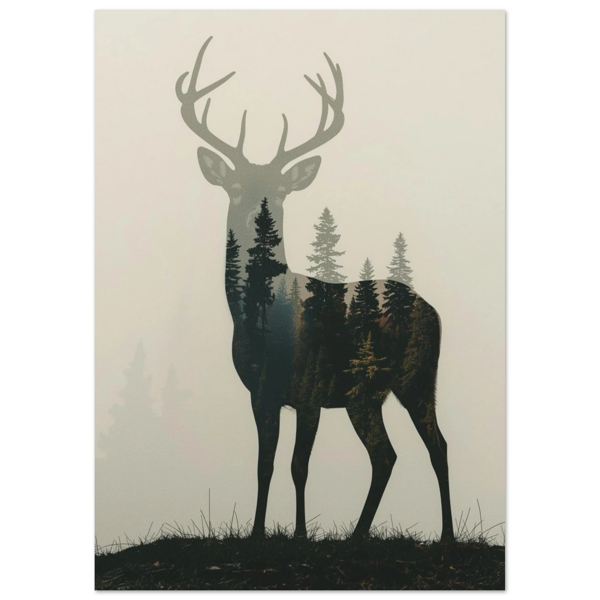 Grafisk poster av hjort i dimmigt landskap med barrskog, naturmotiv